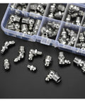 Gearhead Approved Grease Nipple Kit, 60 Piece Assortment For Bearings And Automotive Industrial Parts M6 M8 M10 Hydraulic Zerk Nipples Straight 180 Degree, 45 Degree, And 90 Degree Angles, Heavy Duty Stainless Brass in storage box.