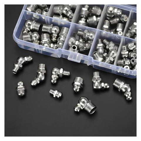Gearhead Approved Grease Nipple Kit, 60 Piece Assortment For Bearings And Automotive Industrial Parts M6 M8 M10 Hydraulic Zerk Nipples Straight 180 Degree, 45 Degree, And 90 Degree Angles, Heavy Duty Stainless Brass in storage box.