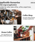 Precision 58mm Espresso Tamper And Leveler Stainless Steel Barista Tool With Adjustable Twist Dial Compact Tamping Handle For Home Coffee Gear in coffee shop setting.