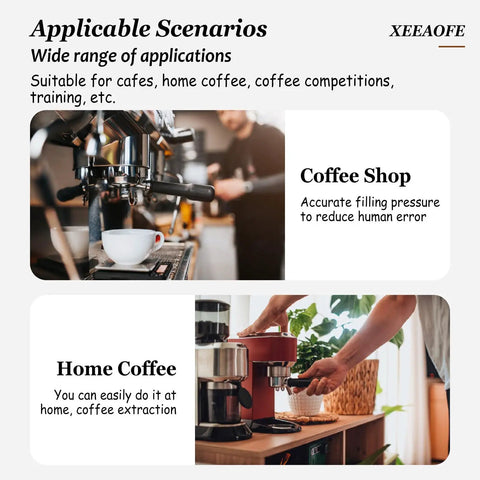 Precision 58mm Espresso Tamper And Leveler Stainless Steel Barista Tool With Adjustable Twist Dial Compact Tamping Handle For Home Coffee Gear in coffee shop setting.