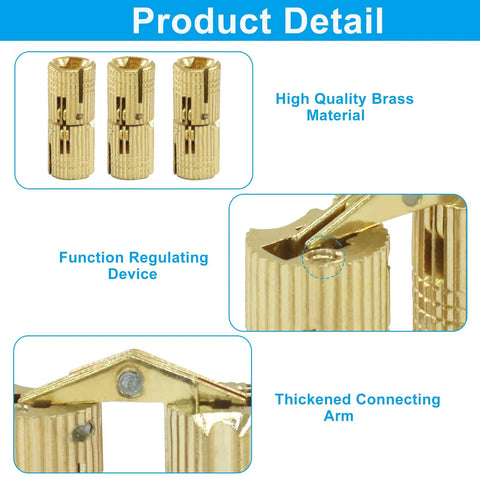 12 Pack 8 Mm Hidden Brass Barrel Hinges for Furniture and Jewelry Boxes with 180 Degree Opening Angle Durable Concealed Hinges close-up view