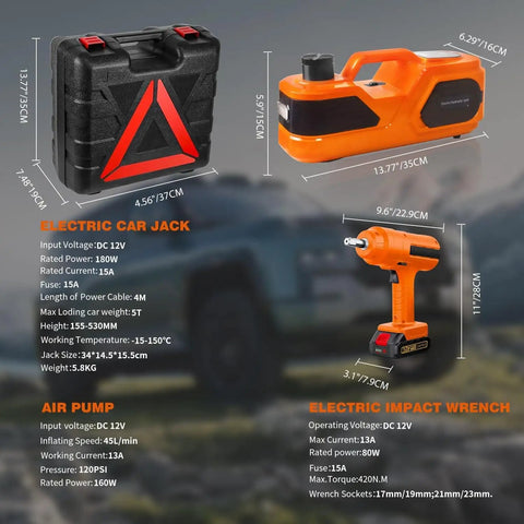 5 Ton Cordless Electric Car Jack Kit With Hydraulic Lift And Lithium Battery Double Cylinder Air Pump With LCD Touch Screen Lets You Preset Tire Pressure Pro Portable Jack And Stand Set Includes Impact Wrench For Quick Tire Changes And Easy Auto Lifts, showing jack, wrench, and pump specifications on a background.