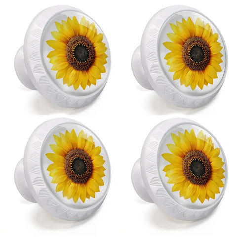 Sunflower Cabinet Knobs Set 4 Pack In Bright Yellow Realistic Petal Detail Glossy Finish Durable Drawer And Cupboard Pulls
