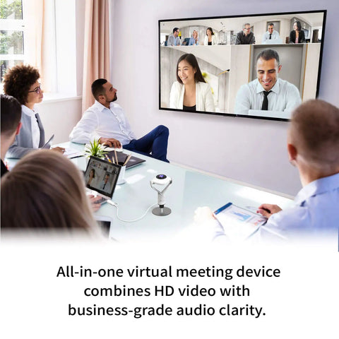 360 Degree All Around Meeting Webcam With Built In Omnidirectional Microphone And 1080p HD Video Conferencing Camera in use during a video call