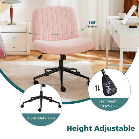 Criss Cross Chair With Wheels Wide Cross Legged Desk Vanity Chair In Teddy Pink Armless Adjustable Swivel Office Seat for Home