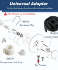 PLISPARK Universal 1222 cartridge kit exploded view with Moen 1222 cartridge, handle adapter, and limit stop