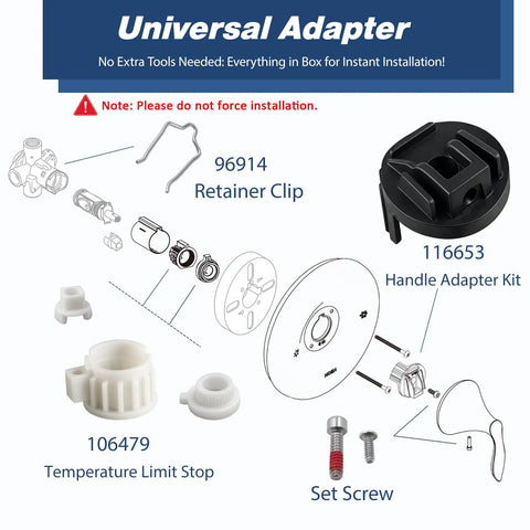 PLISPARK Universal 1222 cartridge kit exploded view with Moen 1222 cartridge, handle adapter, and limit stop