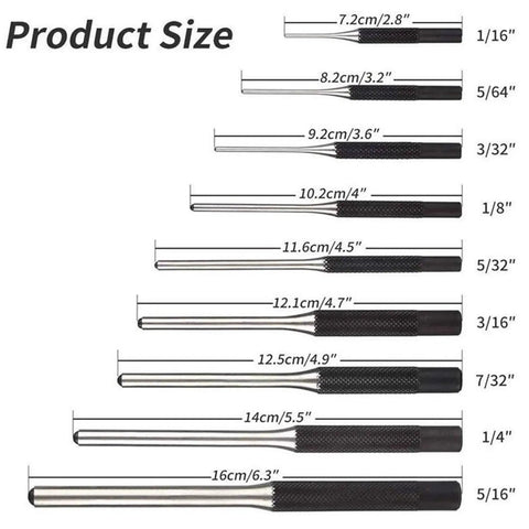 Kengbi 9Pc Steel Punch Set With Grip Handles, Multi Size Round Head Roll Pins And Starter Tools For Mechanics Plus Chisels To Repair Engines Or Cars Like Pro. size chart for steel punch set, 1/16 to 5/16, with grip handles