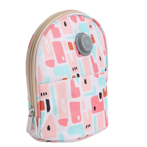 Grab And Go Breastmilk Cooler Bag Crafted From Tough Canvas With Plug In Usb Cooling And Warming Ports For Parents On The Fly Travel Friendly Insulated Nursing Pouch Fits Stroller Or Car Seat, side view with colorful abstract design.