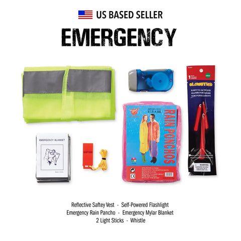 125 Piece Roadside Emergency Kit For Cars With Headlamp First Aid Tools And Visibility Gear including poncho, whistle, flashlight