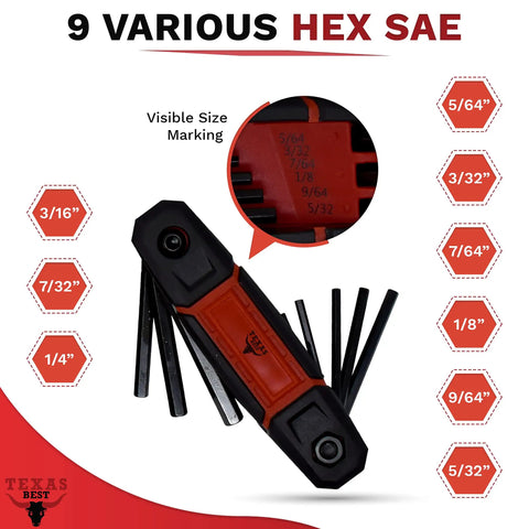 Folding Hex Key Set With Metric And SAE Allen Wrenches, Heat Treated S2 Finish, Compact 2 Pack, 9 SAE sizes displayed.
