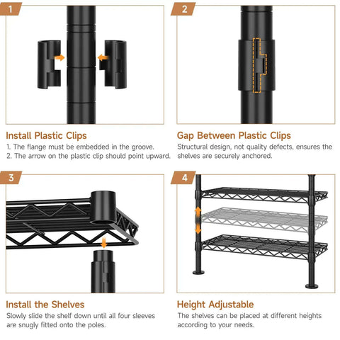 Installation guide for Wall Mounted Garment Rack with Four Expandable Rods and Eight Adjustable Shelves, black metal.