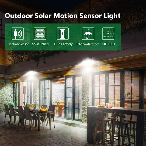 100 LED Solar Lights Outdoor Waterproof Super Bright 2000 Lumens Motion Sensor illuminating patio at night