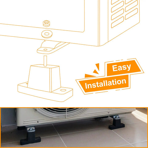 Four Pack Anti Vibration Rubber Pads For Outdoor Ductless Mini Split Air Conditioner Condenser Units Pro Grade Shock Absorbing Mounting Brackets Built Tough With TPU Rubber Up To 800 Pounds installation diagram and example in use under AC unit on tile floor