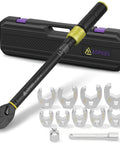 Heavy Duty Jumbo Crowfoot Wrench Set With One Half Inch Drive Click Torque Wrench, nine flare nut sockets, and extension bar arrangement.