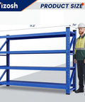 Tough As Nails Four Tier Garage Shelving Unit built tough, measuring 71.3" x 70" x 24", shown beside a person for scale.
