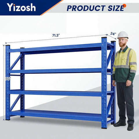 Tough As Nails Four Tier Garage Shelving Unit built tough, measuring 71.3" x 70" x 24", shown beside a person for scale.