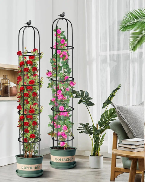 Double Pack Garden Obelisk Trellis For Climbing Plants Outdoor 6.2 Ft Support Cage For Roses in pots inside a living room