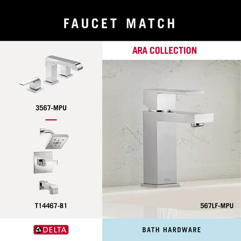 Faucet match display with Delta Ara collection, including polished chrome faucet and bath hardware model 567LF-MPU.