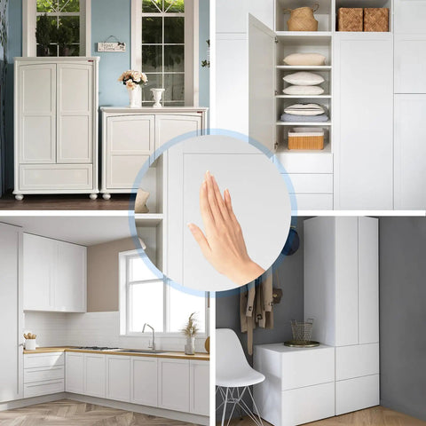 Slick Six Pack Push To Open Cabinet Latches With Integrated Magnetic Springs for sleek white kitchen cabinets and drawers.