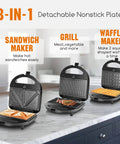 Aigostar 3 In 1 Electric Sandwich Maker With Removable Nonstick Plates Panini Press Grill And Waffle Iron showing sandwich, grill, and waffle plates.
