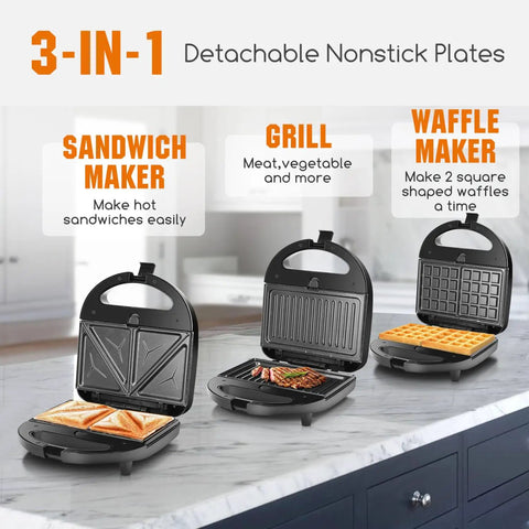 Aigostar 3 In 1 Electric Sandwich Maker With Removable Nonstick Plates Panini Press Grill And Waffle Iron showing sandwich, grill, and waffle plates.