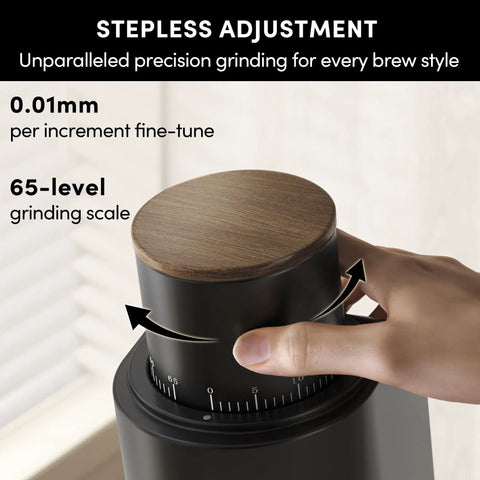 Heavy Duty Single Dose Coffee Grinder With Six Conical Burrs And Stepless Dial delivering precise 65-level grinding adjustment.