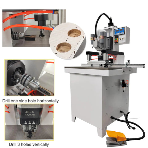 Pneumatic Hole Drilling Machine For Woodworking With Hinge Boring Drill Insertion and 48 6 Combined Drill, vertical and horizontal views.