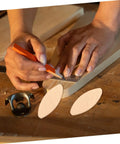 Straight Shooting 100 Piece Woodworking Biscuit Slots For Domino Joints Lock Frames Solid Timber Connections being marked on a wood piece.