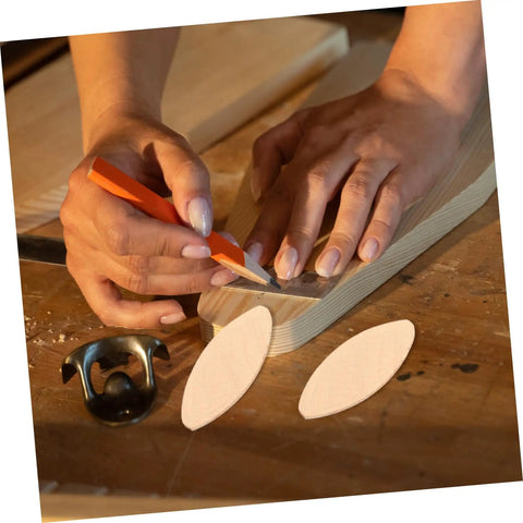 Straight Shooting 100 Piece Woodworking Biscuit Slots For Domino Joints Lock Frames Solid Timber Connections being marked on a wood piece.