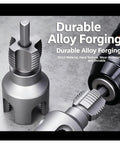 Heavy Duty Pipe Threader Kit For 1/2 And 3/4 Inch NPT Pipes showing durable alloy forged cutters for threading plastic pipes.