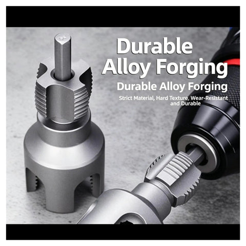 Heavy Duty Pipe Threader Kit For 1/2 And 3/4 Inch NPT Pipes showing durable alloy forged cutters for threading plastic pipes.