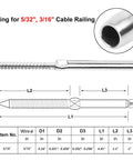 Heavy Duty Left And Right Hand Thread Swage Lag Screws For Three Sixteenth Inch Stainless Steel Cable Sixty Pack Thirty Pairs Deck Cable Railing Hardware T316 For Wood Posts Indoor Outdoor DIY Railing By BLIKA, close-up with dimensions