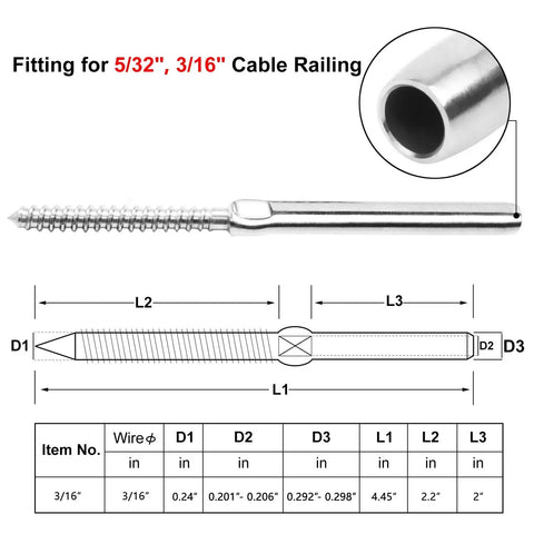 Heavy Duty Left And Right Hand Thread Swage Lag Screws For Three Sixteenth Inch Stainless Steel Cable Sixty Pack Thirty Pairs Deck Cable Railing Hardware T316 For Wood Posts Indoor Outdoor DIY Railing By BLIKA, close-up with dimensions