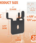 20 Pack Black Pegboard Picture Hangers For One Eighth And One Quarter Inch Boards With U Shape Prong Design closeup with measurements