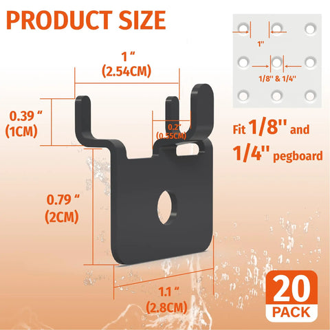 20 Pack Black Pegboard Picture Hangers For One Eighth And One Quarter Inch Boards With U Shape Prong Design closeup with measurements