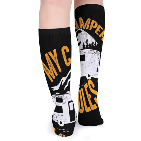 My Camper My Rules RV Camping Novelty Mid Calf Socks Pack Of 5 For Fatigue Relief And Leg Circulation worn on legs featuring camper design