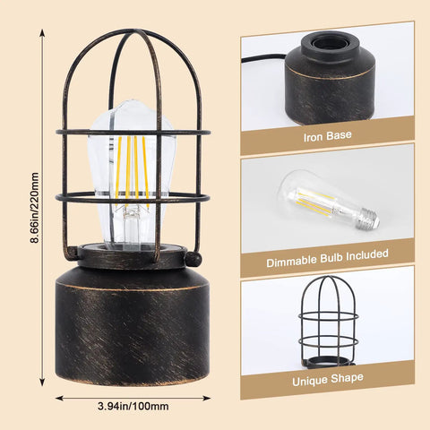 Industrial Table Lamp With Touch Control And 3 Way Dimming, shown with iron base and Edison LED bulb, unique cage design