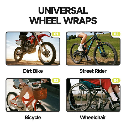 Collage of dirt bike, street rider, bicycle, and wheelchair with 72Pcs Spoke Covers For 8 To 21 Inch Rims White Universal Wheel Wraps.