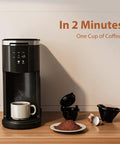 Two Way Single Serve Coffee Maker For Pods Or Ground Coffee, Quick Brew In 6 To 14 Ounce Sizes, 40 Ounce Removable Water Tank, Compact Mini Brewer shown with coffee mug and pods on counter.