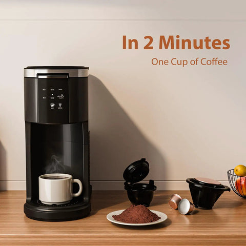 Two Way Single Serve Coffee Maker For Pods Or Ground Coffee, Quick Brew In 6 To 14 Ounce Sizes, 40 Ounce Removable Water Tank, Compact Mini Brewer shown with coffee mug and pods on counter.