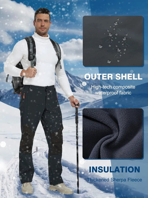Man wearing Men's Ski Waterproof Insulated Softshell Snow Pants With Fleece Lining And Zipper Pockets For Snowboarding And Outdoor Winter Activities Dark Gray 42W By 32L in snowy landscape