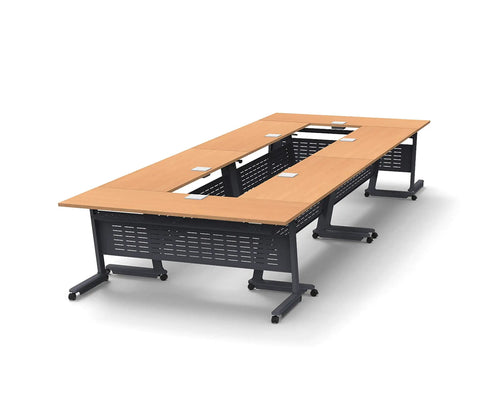 12 Person Beech Folding Classroom Tables Set With Power Bar And USB Outlet, Modesty Panel, Shelf And Nesting Storage, Connectable On Industrial Caster Z Base, Cord Management, 1.0 Inch Thick Commercial Laminate.
