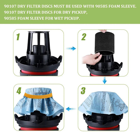 Step-by-step guide for installing Budget Friendly Shop Vacuum Filter Kit With Foam Sleeves And Reusable Dry Disc Filters.
