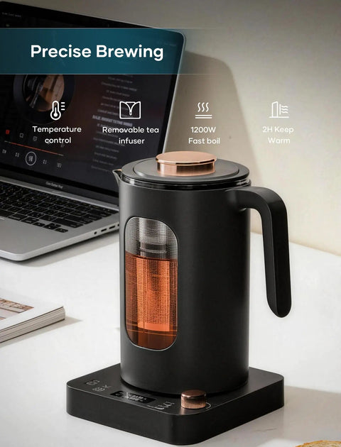 Side view of Electric Tea Kettle With Tea Infuser, One Degree Fahrenheit Precision, 1200W Rapid Heating, BPA Free Glass, 1 Liter Capacity