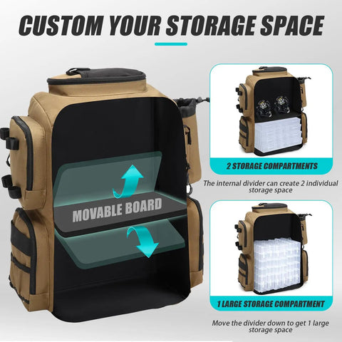 Rugged Tactical Fishing Backpack with customizable storage compartments and movable dividers, 50L 900D Oxford Brown Gear Bag