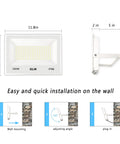 Installation guide for Beefy Three Pack 100W LED Flood Lights Outdoor, 10000LM Per Light, showing wall mount and angle adjustment.