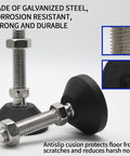 Rock Solid 4 Pack M10 Adjustable Furniture Levelers Featuring Tough Nylon Base And Included T Nuts To Kill The Wobble On Workbenches Tables Cabinets And Chairs Rust Proof Swivel Legs For Steady Floors Every Day showing galvanized steel levelers with black nylon pads.