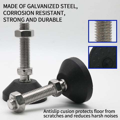 Rock Solid 4 Pack M10 Adjustable Furniture Levelers Featuring Tough Nylon Base And Included T Nuts To Kill The Wobble On Workbenches Tables Cabinets And Chairs Rust Proof Swivel Legs For Steady Floors Every Day showing galvanized steel levelers with black nylon pads.