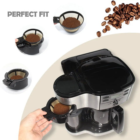 Gold Tone Reusable Coffee Filter Basket For Hamilton 2 Way Brewer Coffee Makers Models 49980A 49980Z 47650 49933 Single Serve Grounds Filter 2 Pack Replacement in use with coffee maker.
